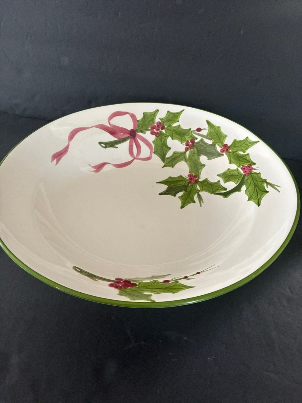 Holiday Holly Ceramic Serving Bowl - Green and Pink